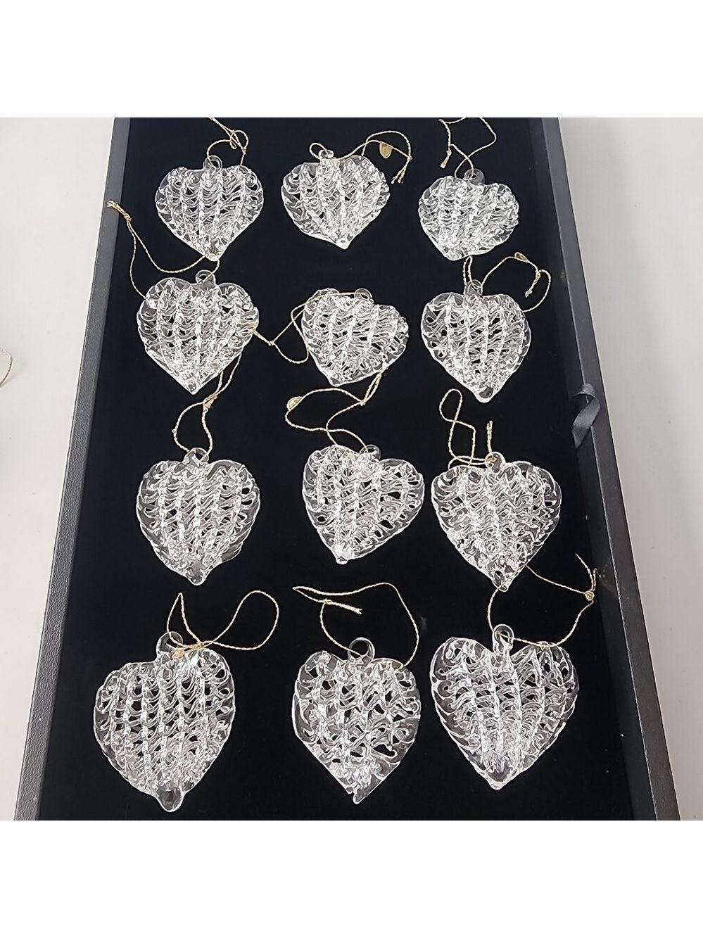 Vtg set 12 hand spun glass lattice heart ornaments
